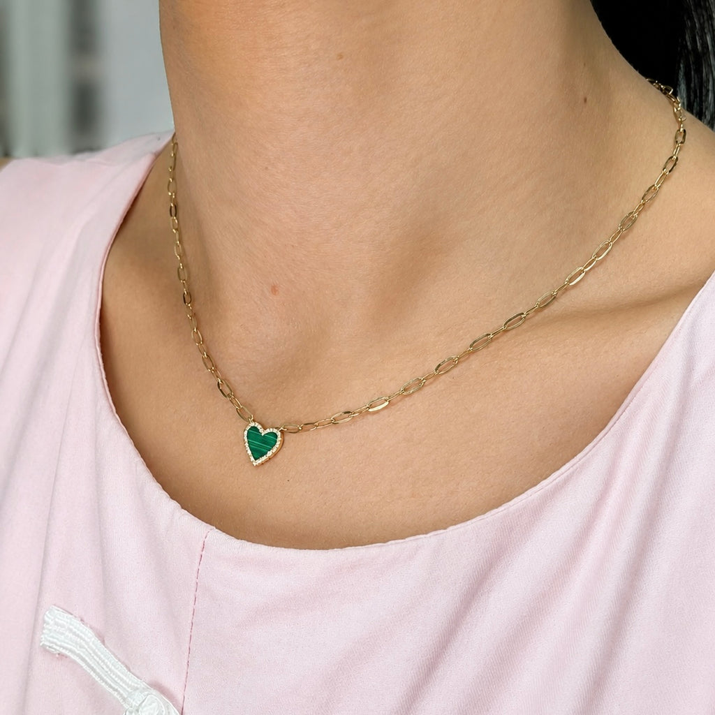 14K Yellow Gold 0.89CT Malachite & 0.10CT Diamond Pendant Necklace SN46899MA
