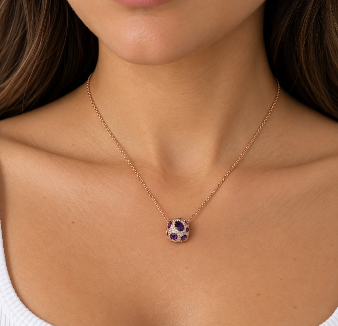 14K Rose Gold 0.28CT Amethyst & 0.26CT Diamond Pendant Necklace – 15.75” W8386