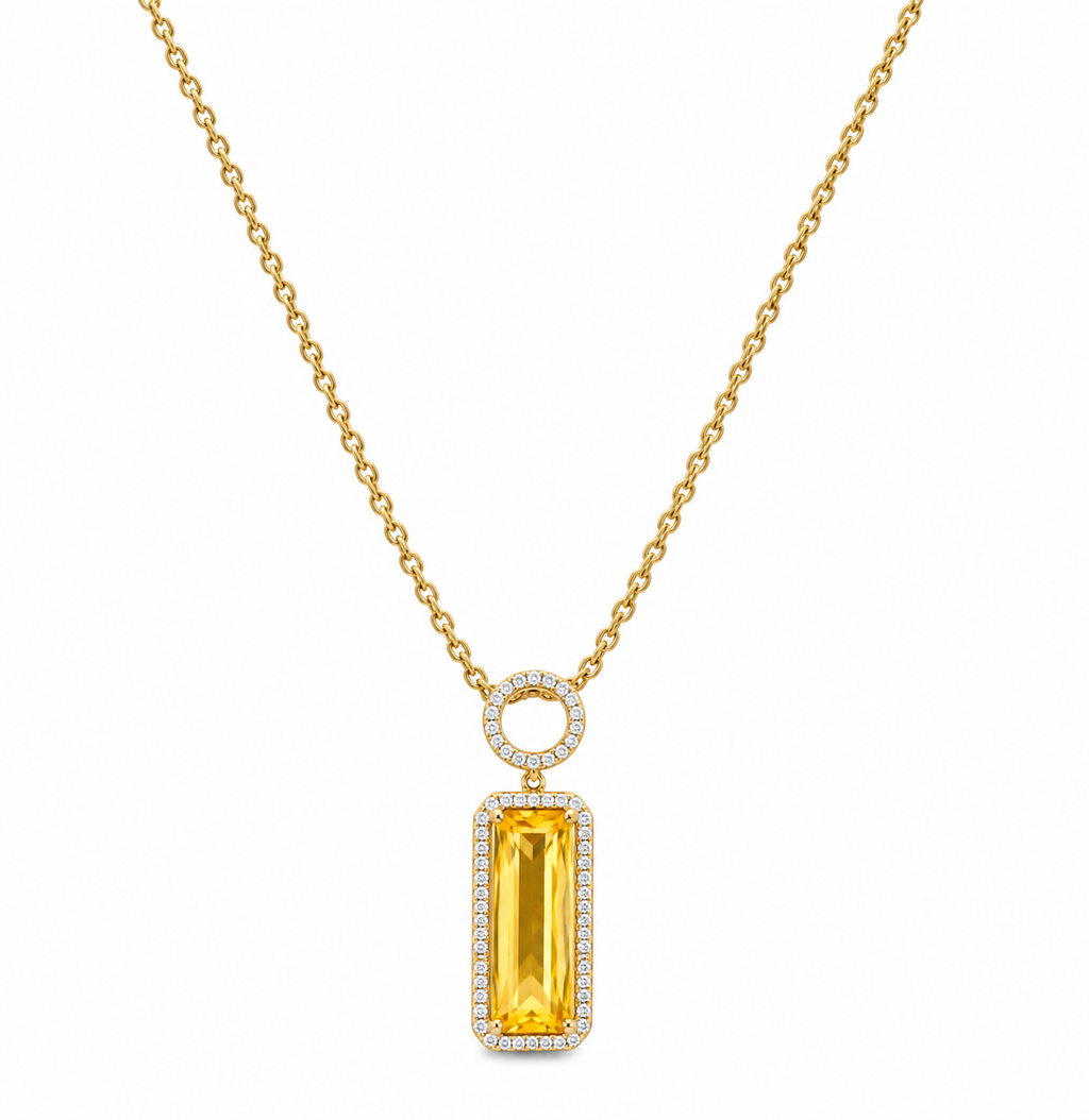 14K Yellow Gold 3.86CT Yellow Citrine & 0.18CT Diamond Pendant Necklace – 16” AJJ