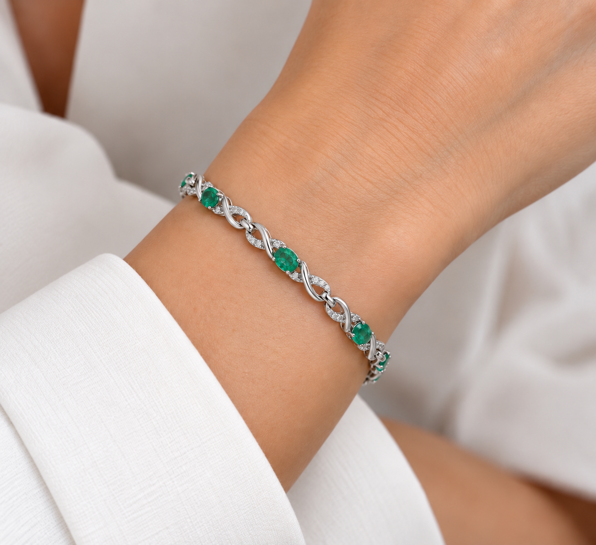 14K White Gold Emerald & Diamond Bracelet – 2.85 CT Emeralds & 0.65 CT Diamonds EDB004 INJJ