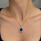 14K Yellow Gold 5.80 Ct Oval Lab Sapphire & 1.46 Ct Lab Diamond Pendant Necklace