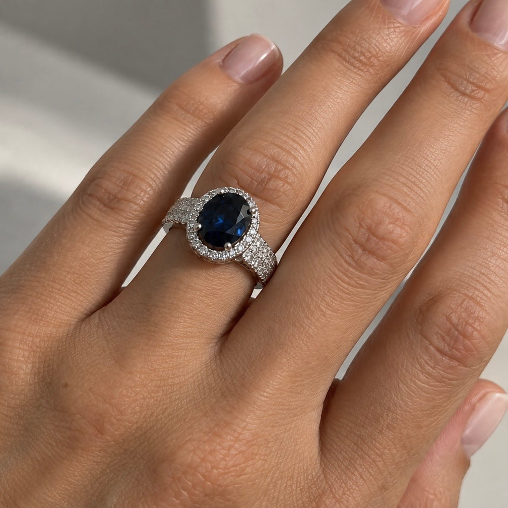 18K White Gold Ring 1.35CT Diamonds & 6.50CT Synthetic Sapphire |  SDR039 GIJJ