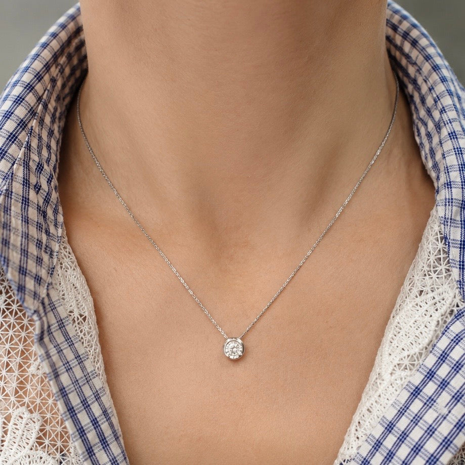 14K White Gold Bezel-Set Round Diamond Pendant Necklace – 0.66 CT DP009 STJ