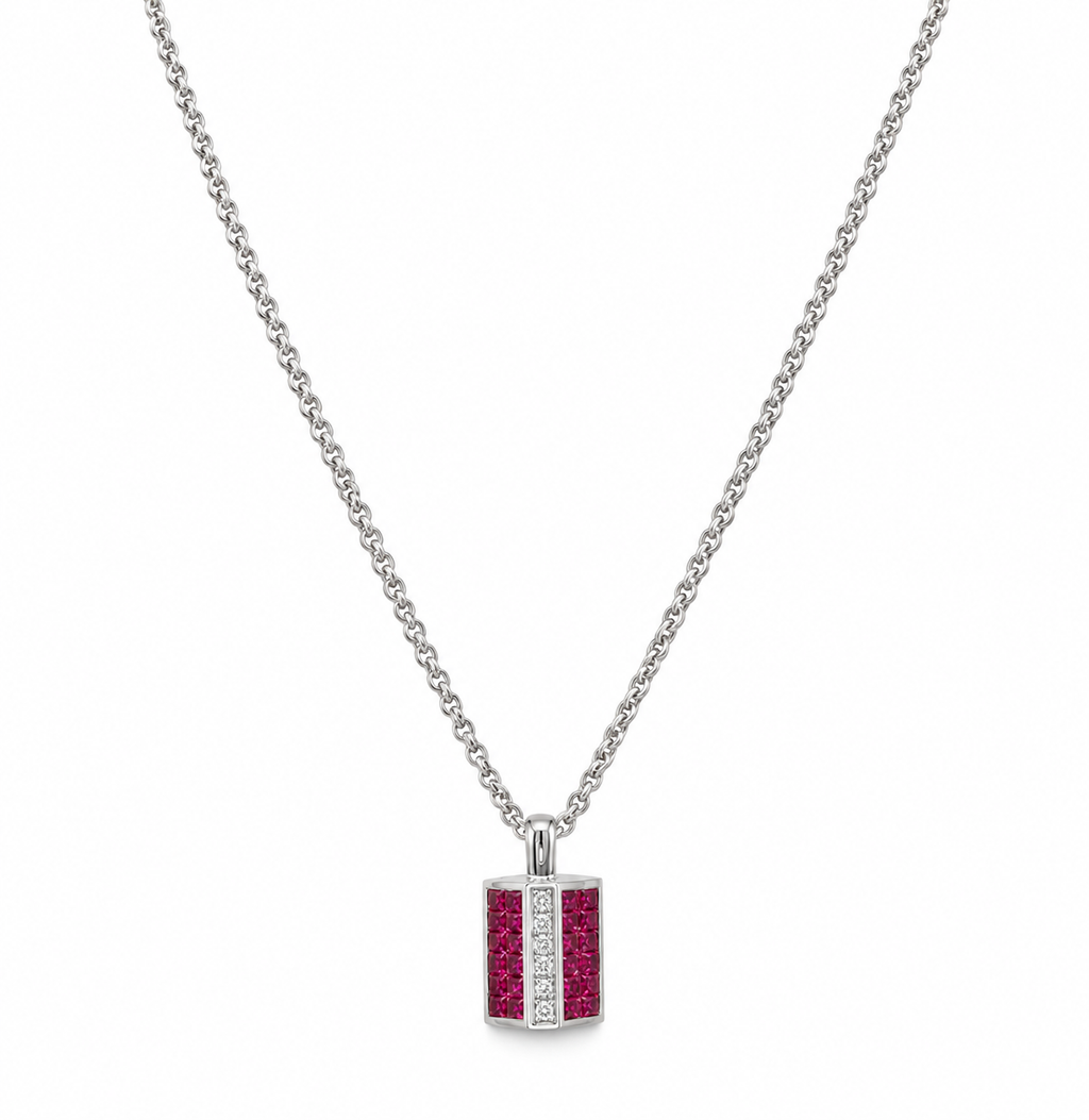 18K White Gold 3.73CT Natural Ruby & 0.08CT Diamond Pendant Necklace – 16” RDP02 EJJ