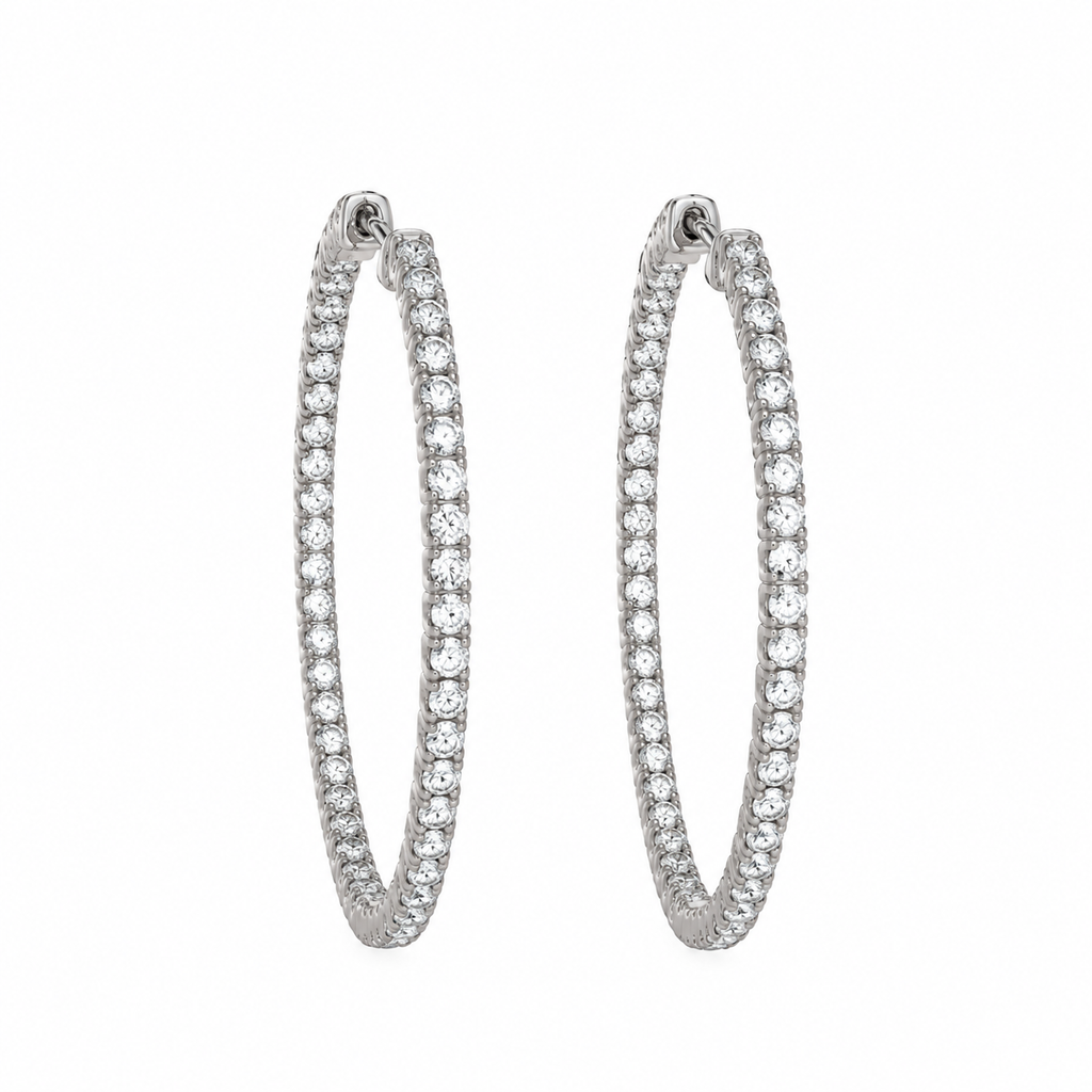 14K White Gold 2.60 Ct Round Diamond Inside-Out Oval Hoop Earrings