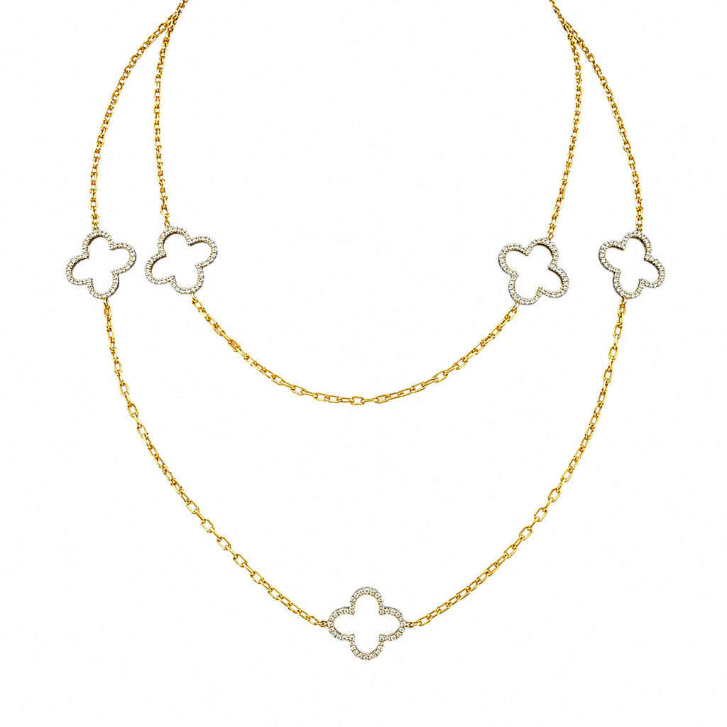 14K Gold White Clover Station Diamond Necklace – Convertible 2-Way Design DN048 GZEJ