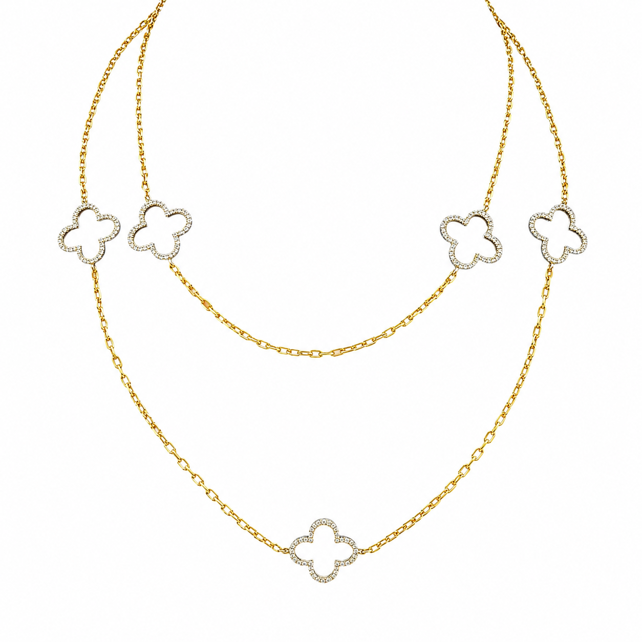 14K Gold White Clover Station Diamond Necklace – Convertible 2-Way Design DN048 GZEJ