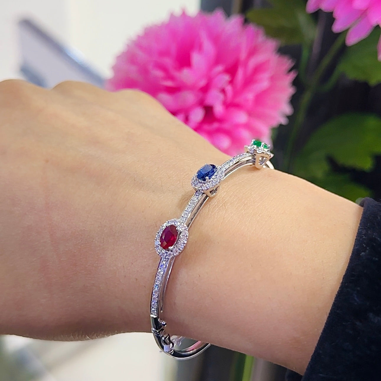 18K White Gold Diamond, Ruby & Sapphire Bracelet – 1.47CT Natural Diamonds | BA001679