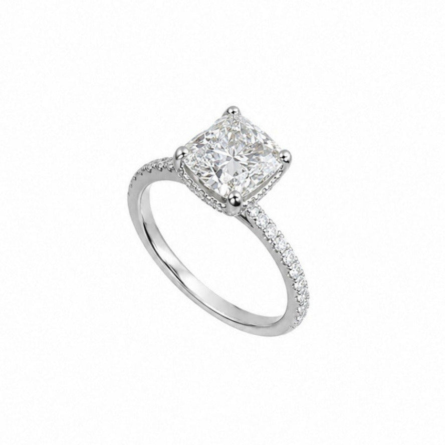 18K White Gold 2.37 CT Cushion Cut Diamond Ring – 1.72CT Clarity Enhanced Center Diamond CUSHDR0021 NGJJ