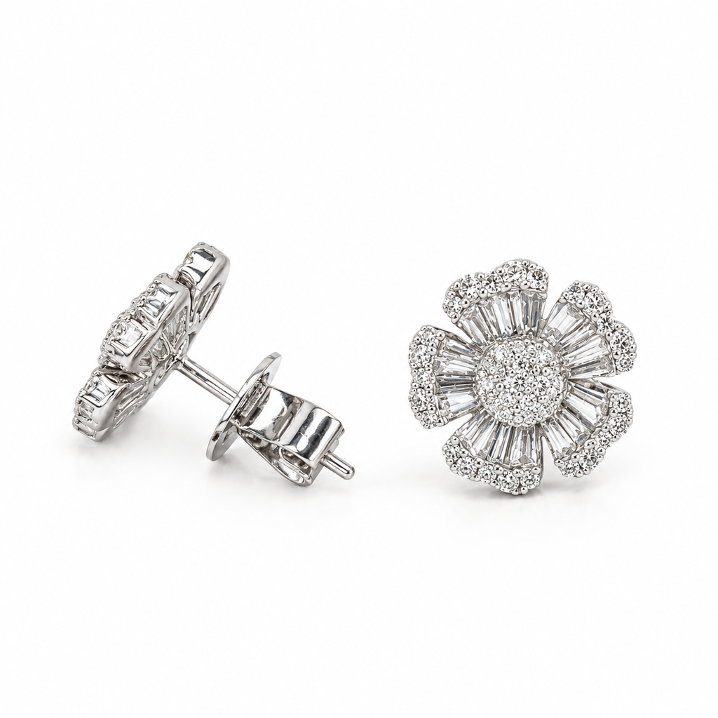 14K White Gold 1.43 Ct Diamond Flower Earrings