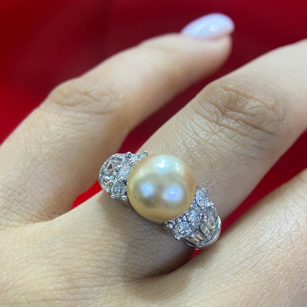 18K White Gold Natural Pearl & Diamond Ring – 1.10CT Diamonds | PEARL01