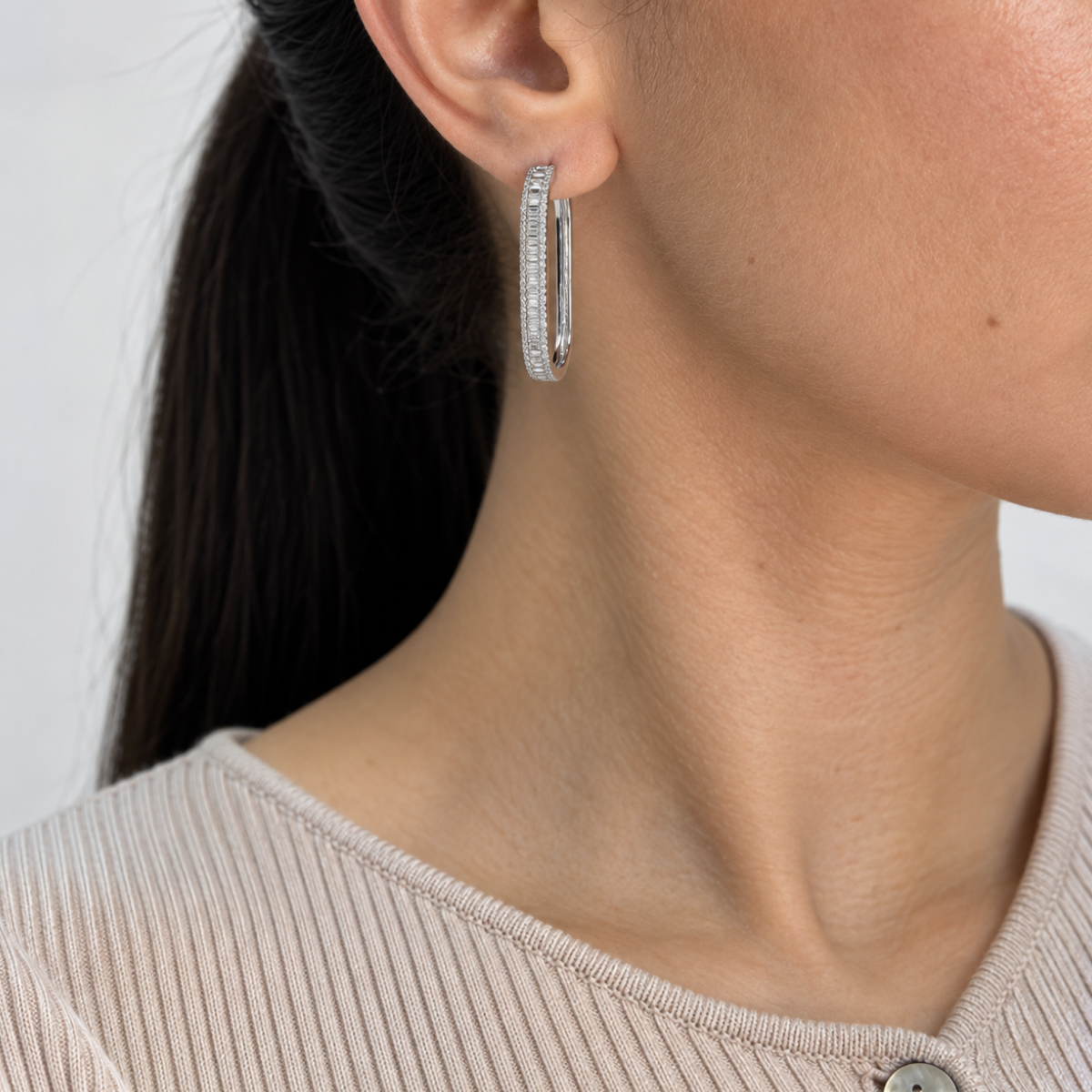 14K White Gold 1.00 Ct Diamond Baguette & Round Hoop Earrings
