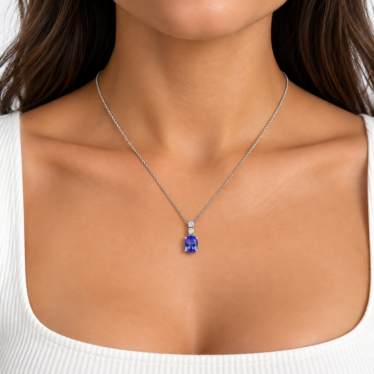 14K White Gold Tanzanite & Diamond Pendant Necklace – 1.50 CT Tanzanite, 0.26 CT Diamonds DP0034 SNJ