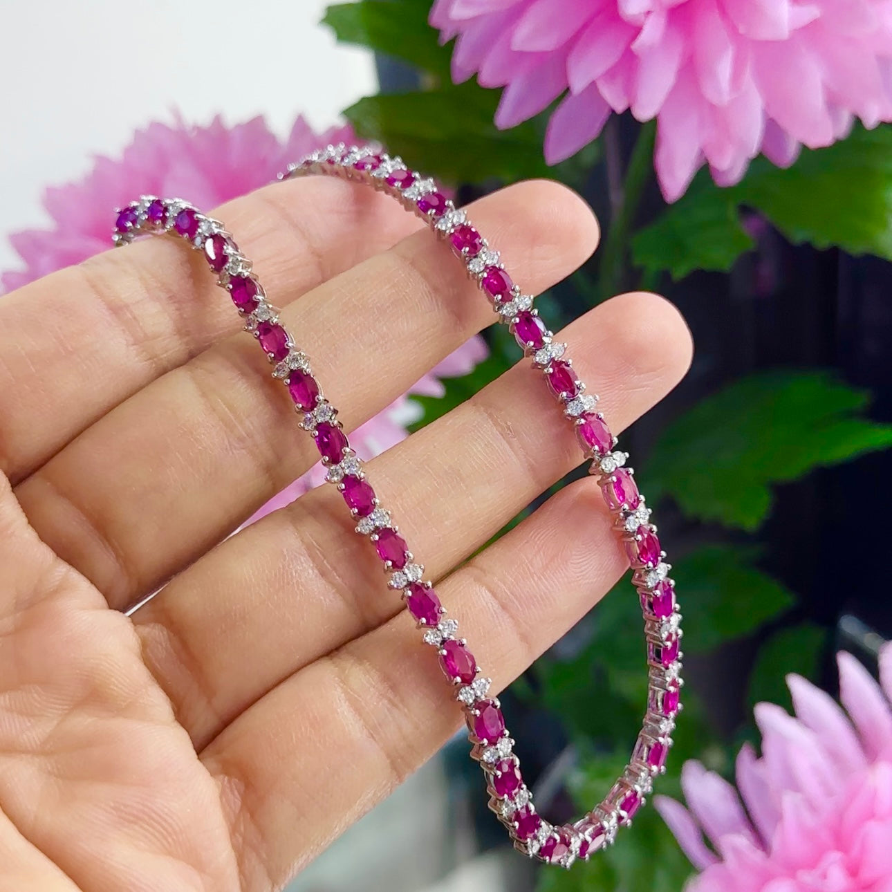 18K White Gold 9.45ct oval Ruby’s & 1.70ct Diamonds Natural rd cut Necklace. RDN018 GLEJ