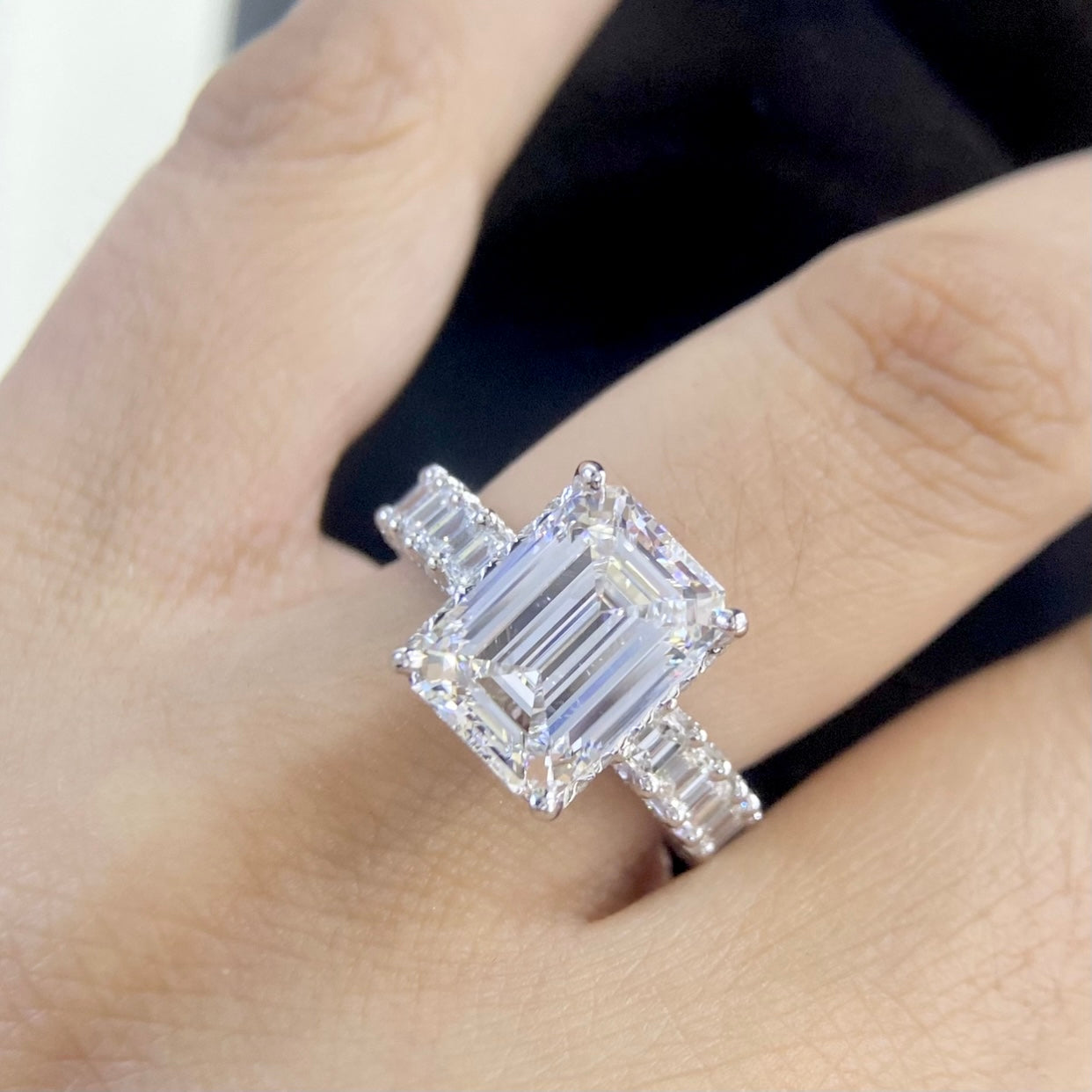 18K White Gold Emerald Cut Lab-Grown Diamond Ring – 5.04CT Center / 2.31CT Side Diamonds D/VS1 | EMER011