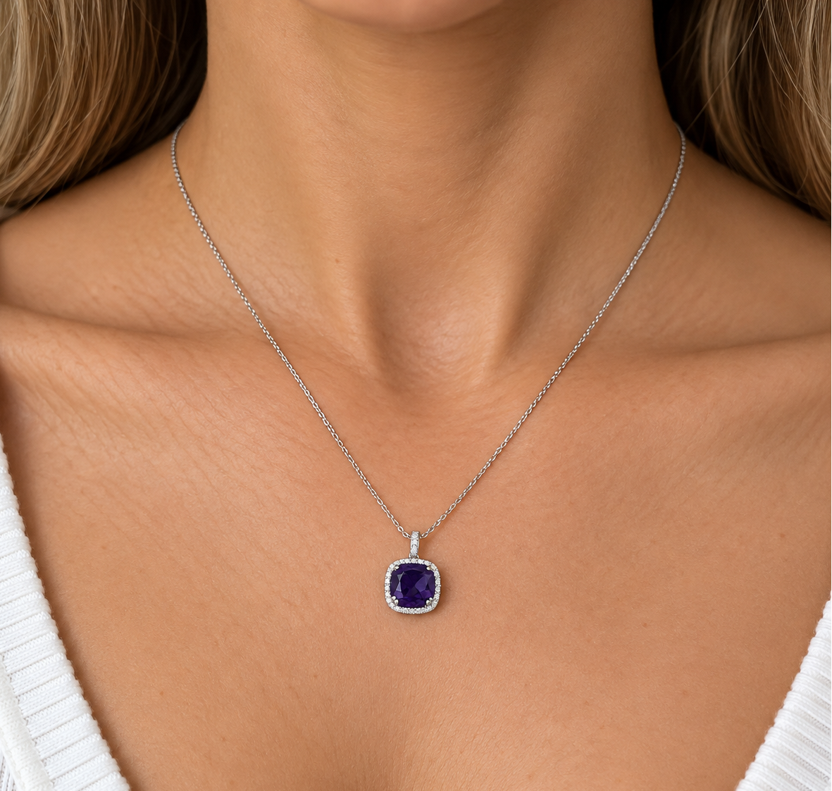 14K White Gold Amethyst & Diamond Halo Pendant Necklace – 1.40CT Amethyst DC-N13457-59