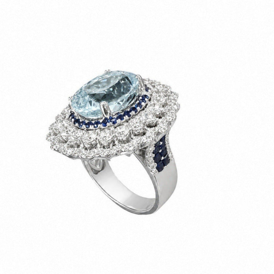 18K White Gold Aquamarine, Sapphire & Diamond Ring CDR006 NTJJ