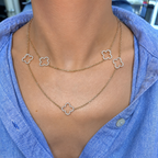 14K Gold White Clover Station Diamond Necklace – Convertible 2-Way Design DN048 GZEJ