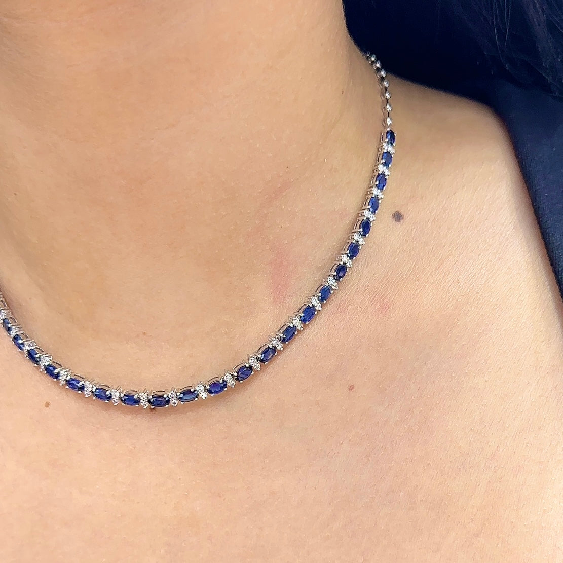 18K White Gold Sapphire Diamond Necklace 1.61ct round cut Natural diamonds G-H . Vs2-SI and 11.91ct dual shape sapphires. SDN021 NNTJ