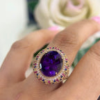 14K Yellow Gold Ring with 8.12CT Oval Amethyst, 2.65CT Multi-Color Sapphires & 0.71CT Diamonds