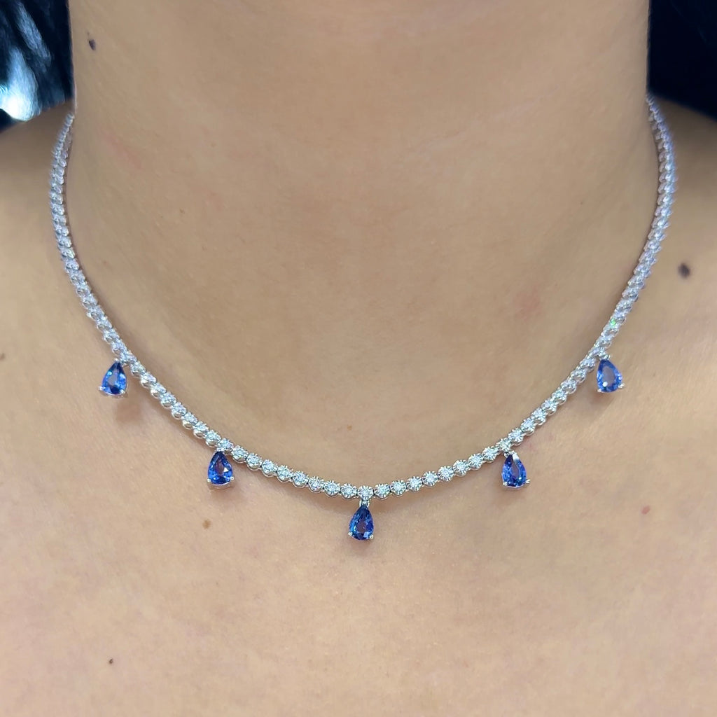 18K White Gold Sapphire Diamond Necklace with 1.17ct round cut Natural Diamond. G-H. VS2-SI. and with 2.32ct pear shape Sapphires. SDN001 IEGT