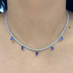 18K White Gold Sapphire Diamond Necklace with 1.17ct round cut Natural Diamond. G-H. VS2-SI. and with 2.32ct pear shape Sapphires. SDN001 IEGT