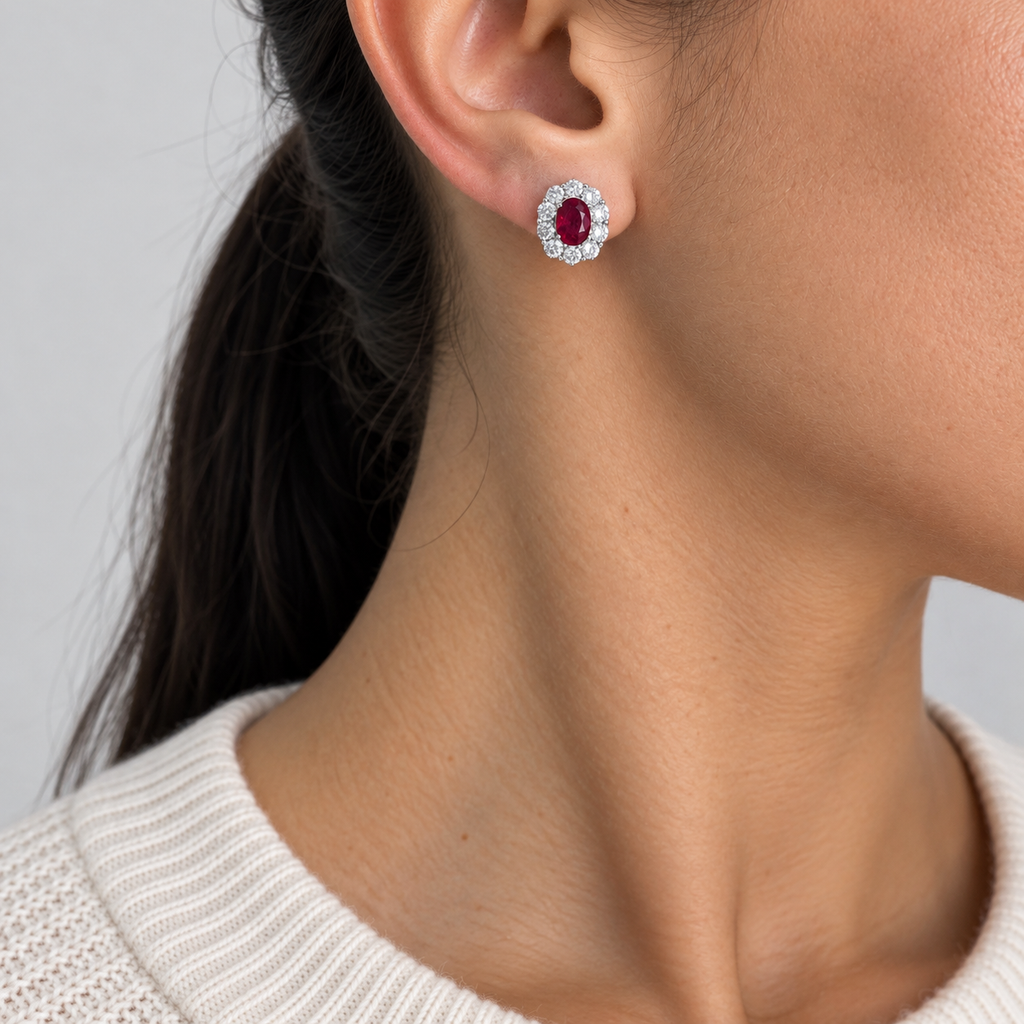 14K White Gold 2.01 Ct Ruby & 2.00 Ct Diamond Halo Earrings