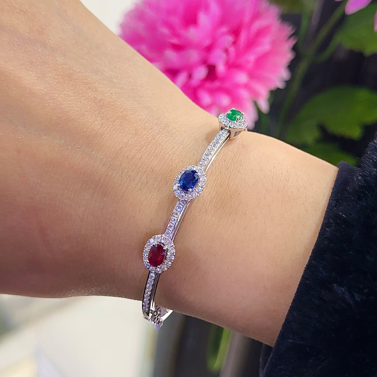 18K White Gold Diamond, Ruby & Sapphire Bracelet – 1.47CT Natural Diamonds | BA001679