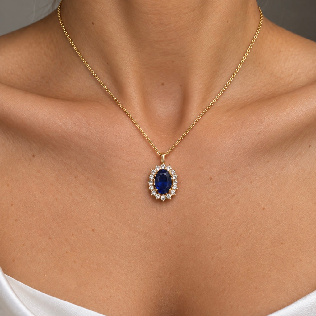14K Yellow Gold 5.80 Ct Oval Lab Sapphire & 1.46 Ct Lab Diamond Pendant Necklace