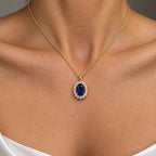 14K Yellow Gold 5.80 Ct Oval Lab Sapphire & 1.46 Ct Lab Diamond Pendant Necklace