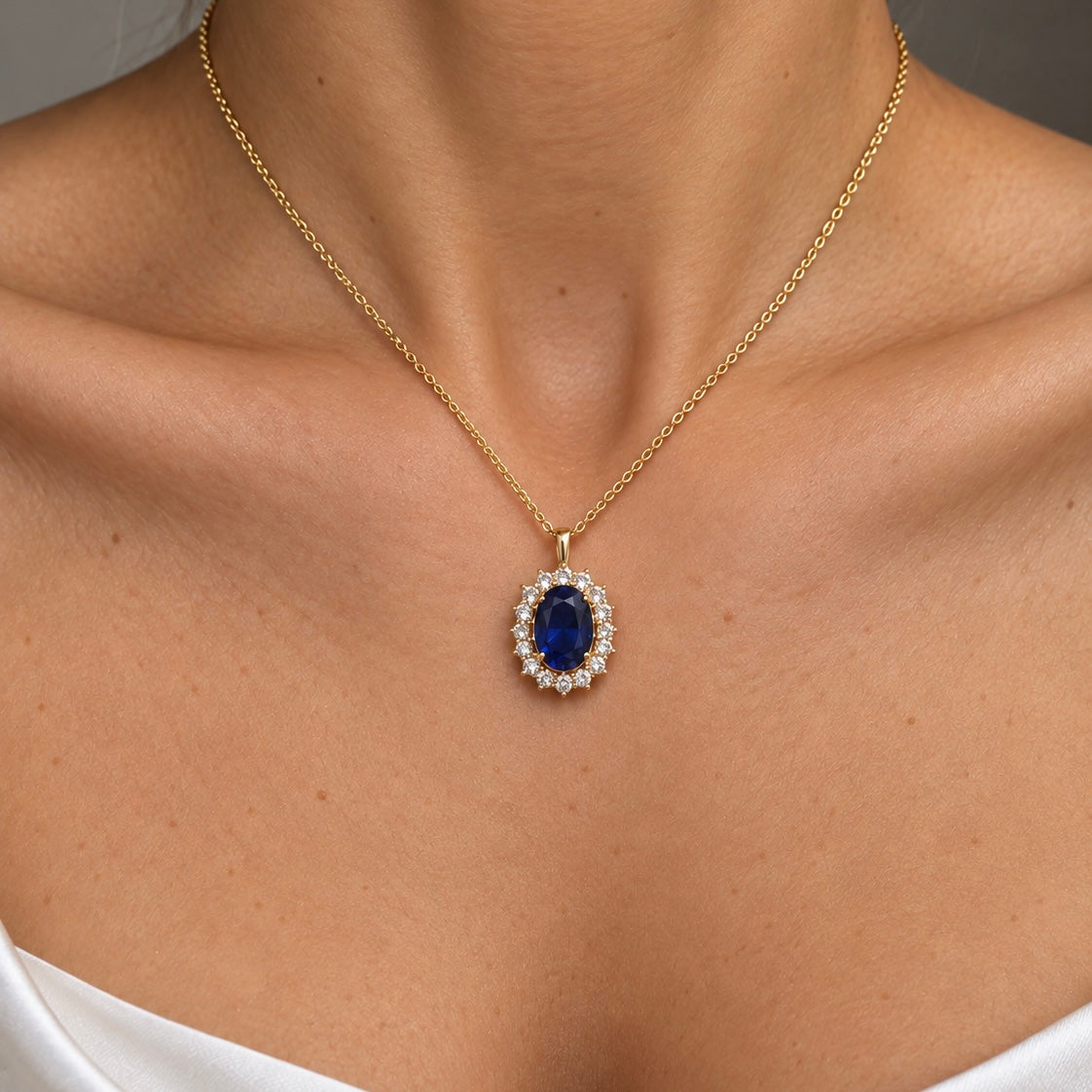 14K Yellow Gold 5.80 Ct Oval Lab Sapphire & 1.46 Ct Lab Diamond Pendant Necklace