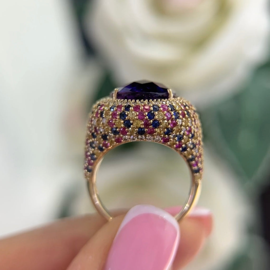 14K Yellow Gold Ring with 8.12CT Oval Amethyst, 2.65CT Multi-Color Sapphires & 0.71CT Diamonds