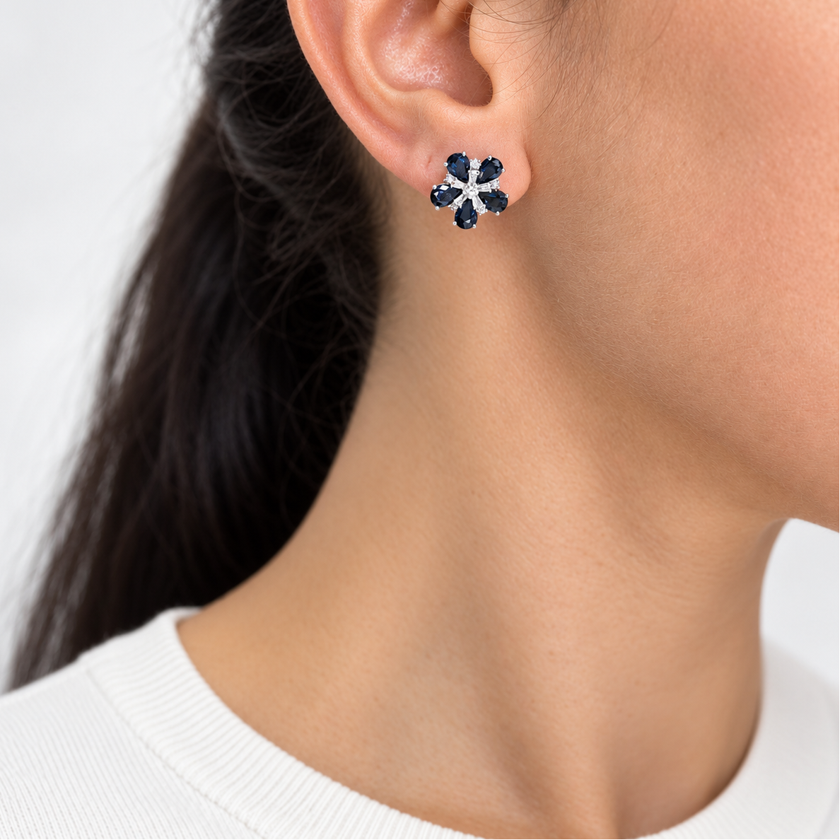 18K White Gold 5.22CT Sapphire & 0.56CT Diamond Floral Earrings