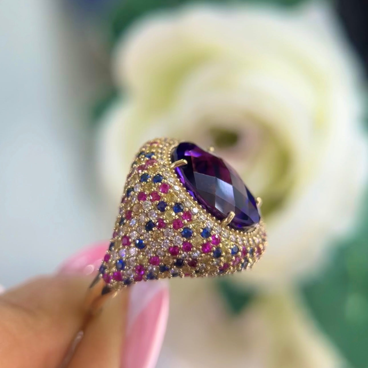 14K Yellow Gold Ring with 8.12CT Oval Amethyst, 2.65CT Multi-Color Sapphires & 0.71CT Diamonds
