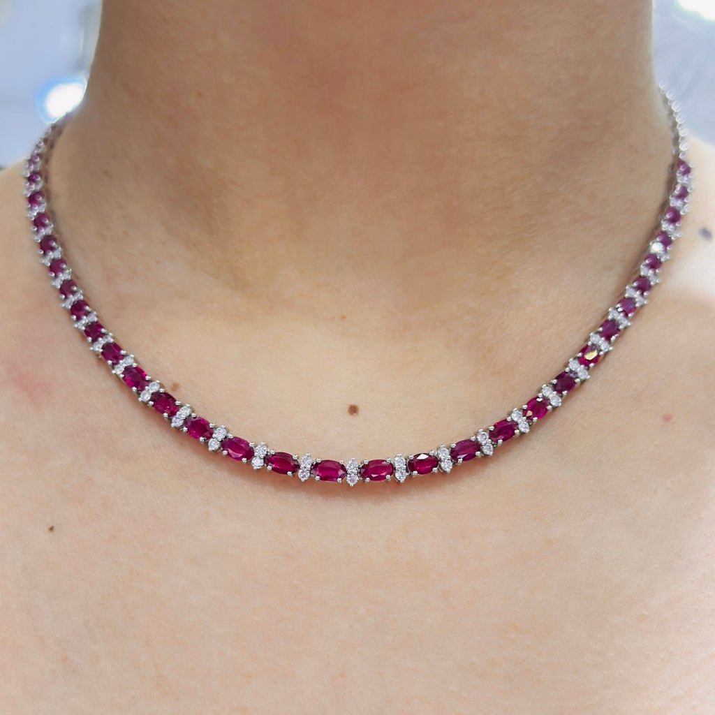 18K White Gold 9.45ct oval Ruby’s & 1.70ct Diamonds Natural rd cut Necklace. RDN018 GLEJ