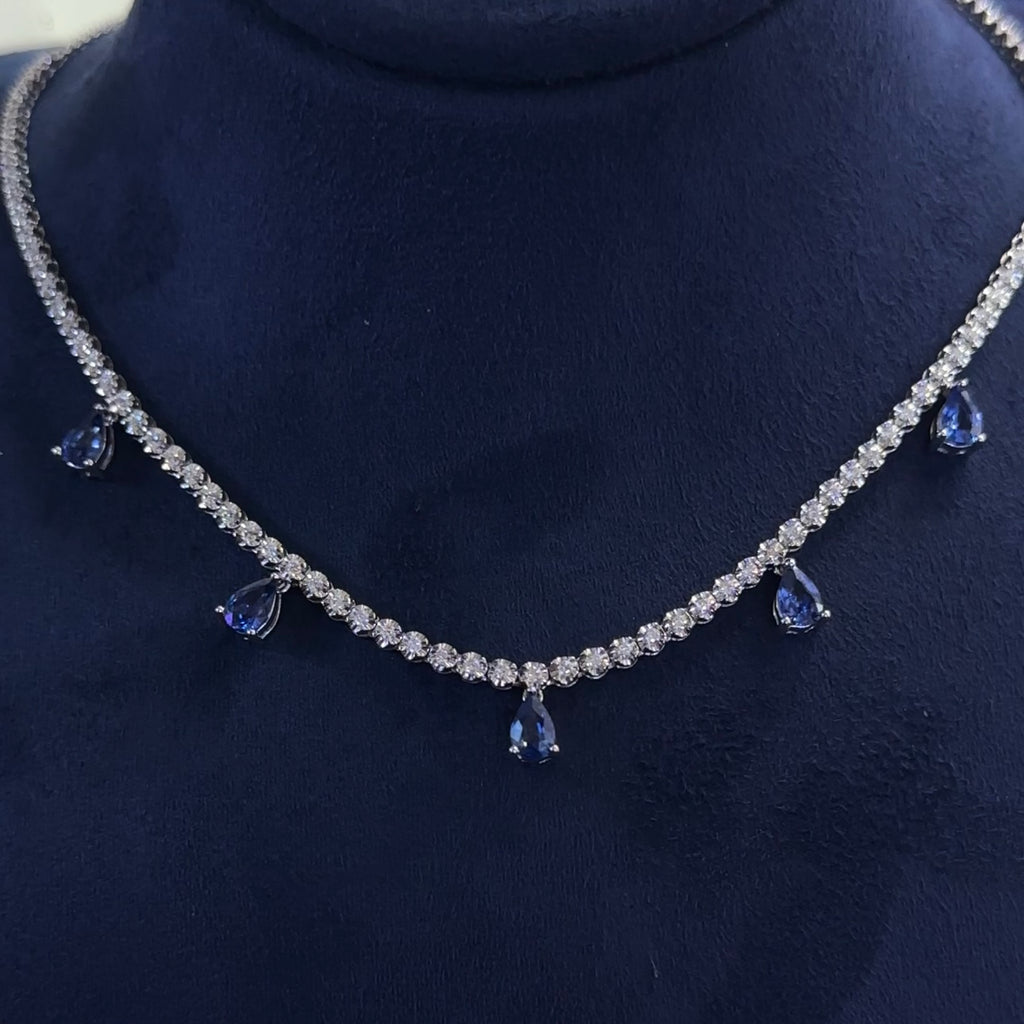 18K White Gold Sapphire Diamond Necklace with 1.17ct round cut Natural Diamond. G-H. VS2-SI. and with 2.32ct pear shape Sapphires. SDN001 IEGT