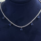 18K White Gold Sapphire Diamond Necklace with 1.17ct round cut Natural Diamond. G-H. VS2-SI. and with 2.32ct pear shape Sapphires. SDN001 IEGT