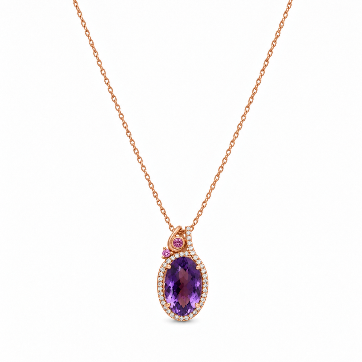 18K Rose Gold Pendant & 14K Rose Gold Chain with 0.25ct Diamonds, 0.05ct Pink Sapphire & 6.20ct Amethyst