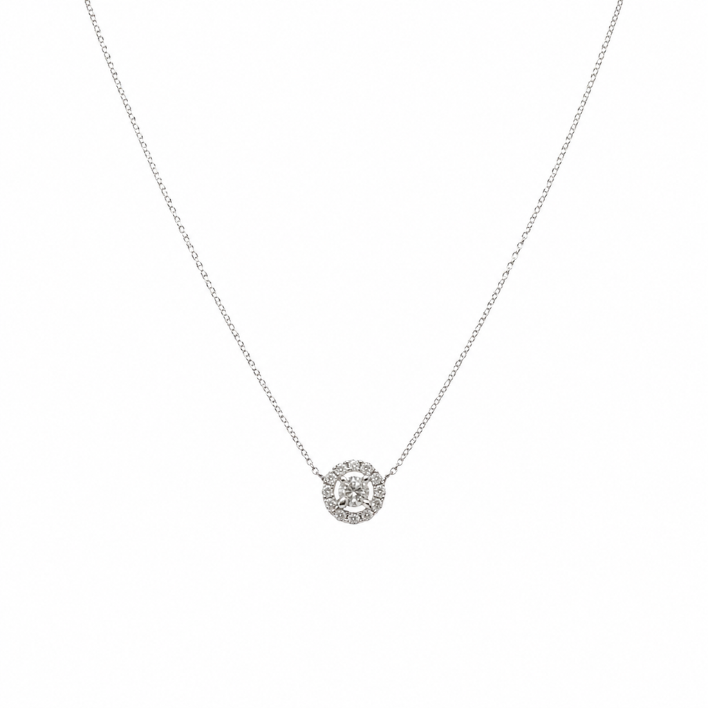14K White Gold Round Diamond Halo Pendant Necklace – 0.45CT ZTJ