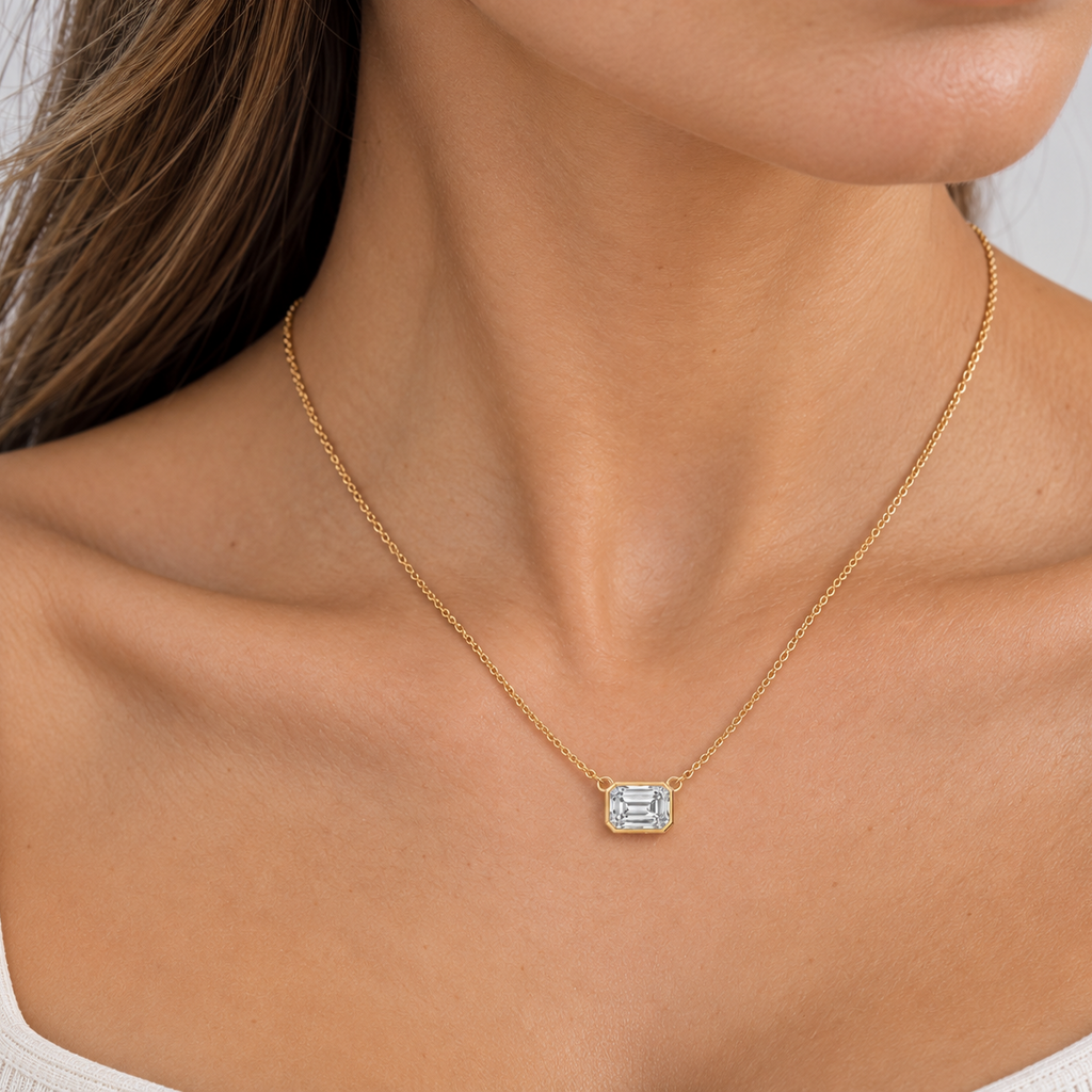 14K Yellow Gold 3.03 CT Emerald-Cut Diamond Bezel-Set Pendant Necklace