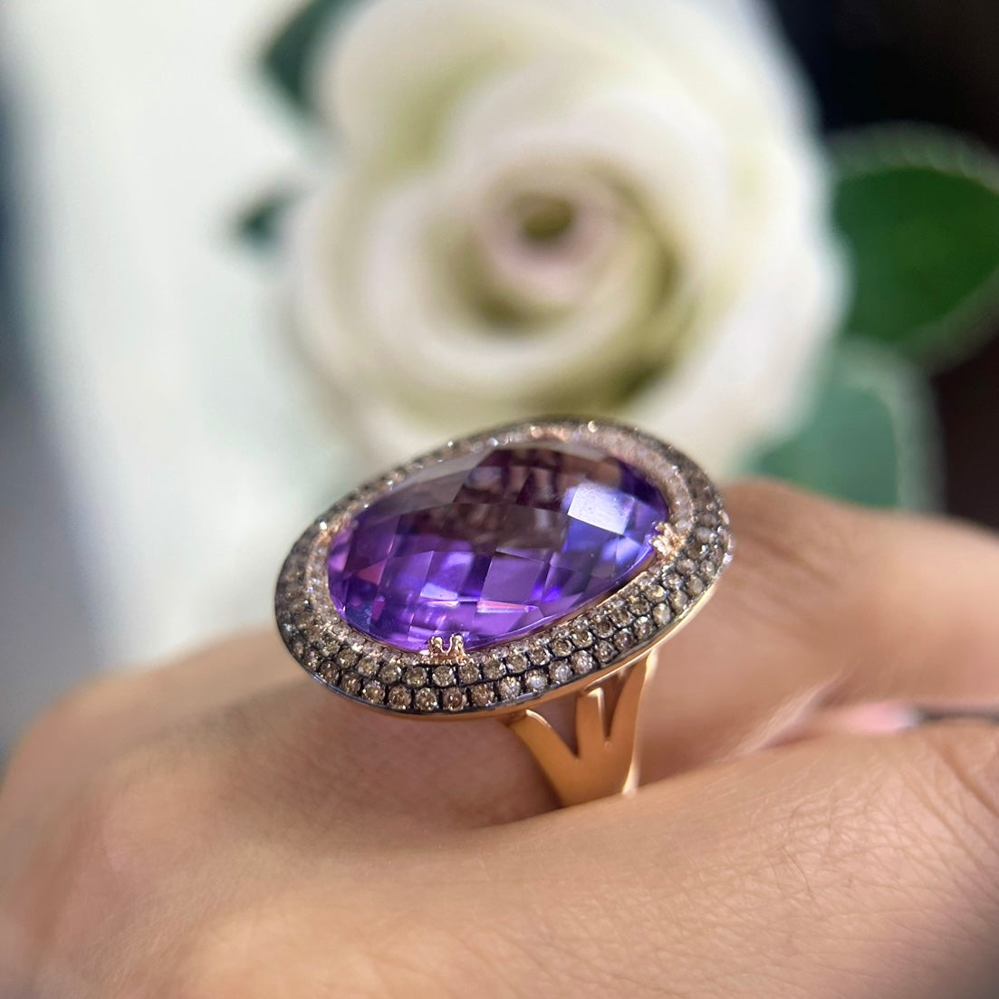 14K Rose Gold Ring with 24.36CT Oval Amethyst, 0.87CT Champagne Diamonds & 0.29CT White Diamonds | COLR014 IENJ
