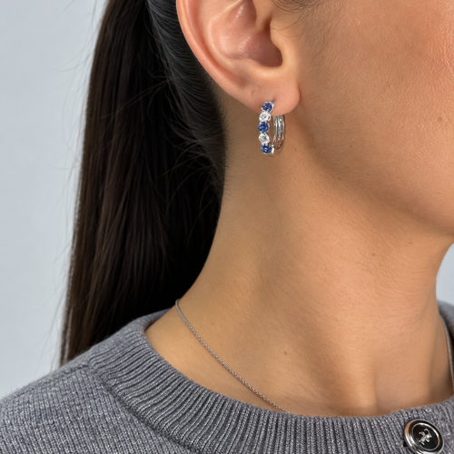 14K White Gold 1.67 Ct Sapphire & 0.75 Ct Diamond Hoop Earrings