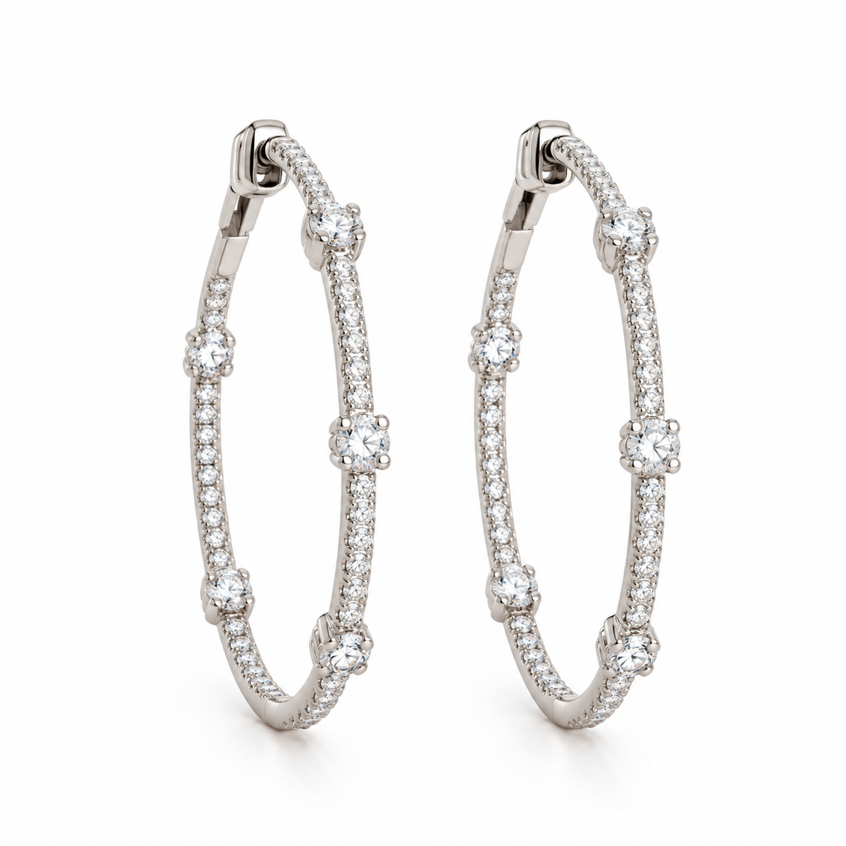 14K White Gold 1.37 Ct Diamond Hoop Earrings