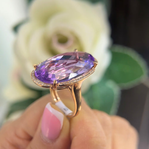 14K Rose Gold Ring with 25.30CT Checker Cut Oval Amethyst & 0.19CT Diamonds COLR0046 ZTJ
