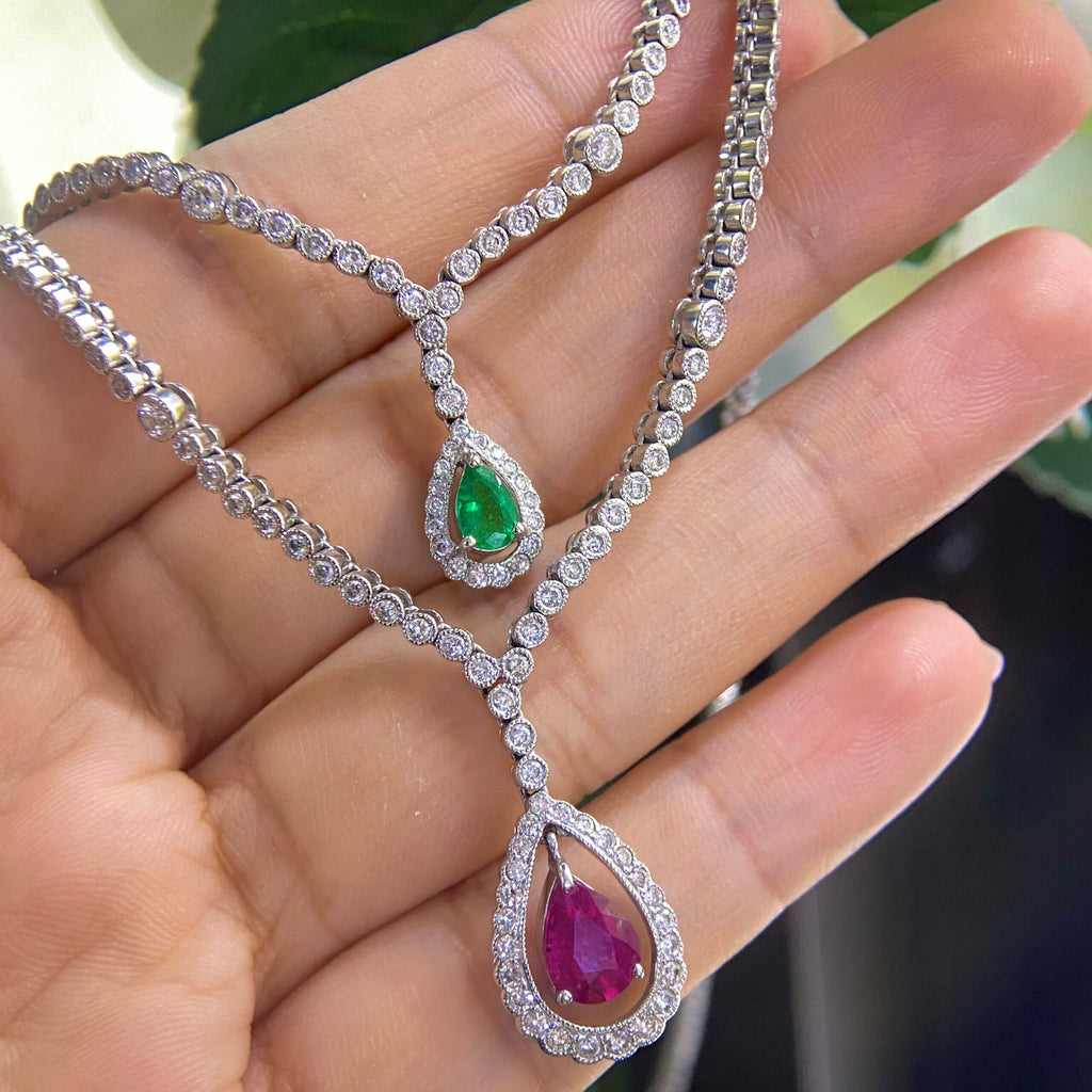 18K White Gold Ruby, Emerald & Diamond Necklace – 1.50CT Ruby / 0.70CT Emerald / 2.95CT Diamonds | DC-N5297-2