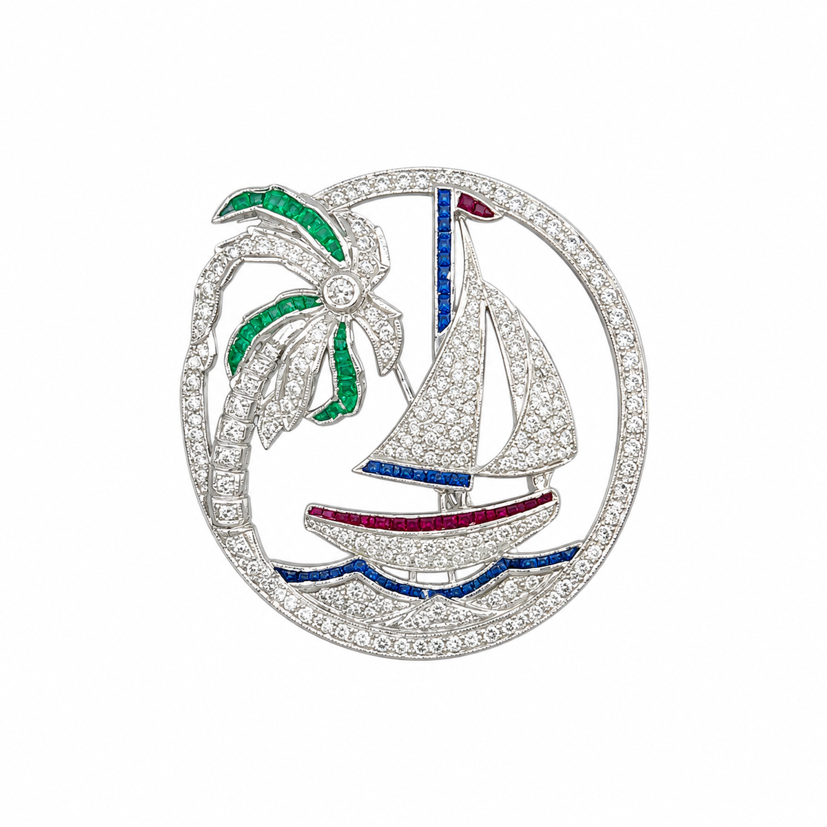 18K White Gold Diamond, Emerald, Sapphire &amp; Ruby Pin ITJJ