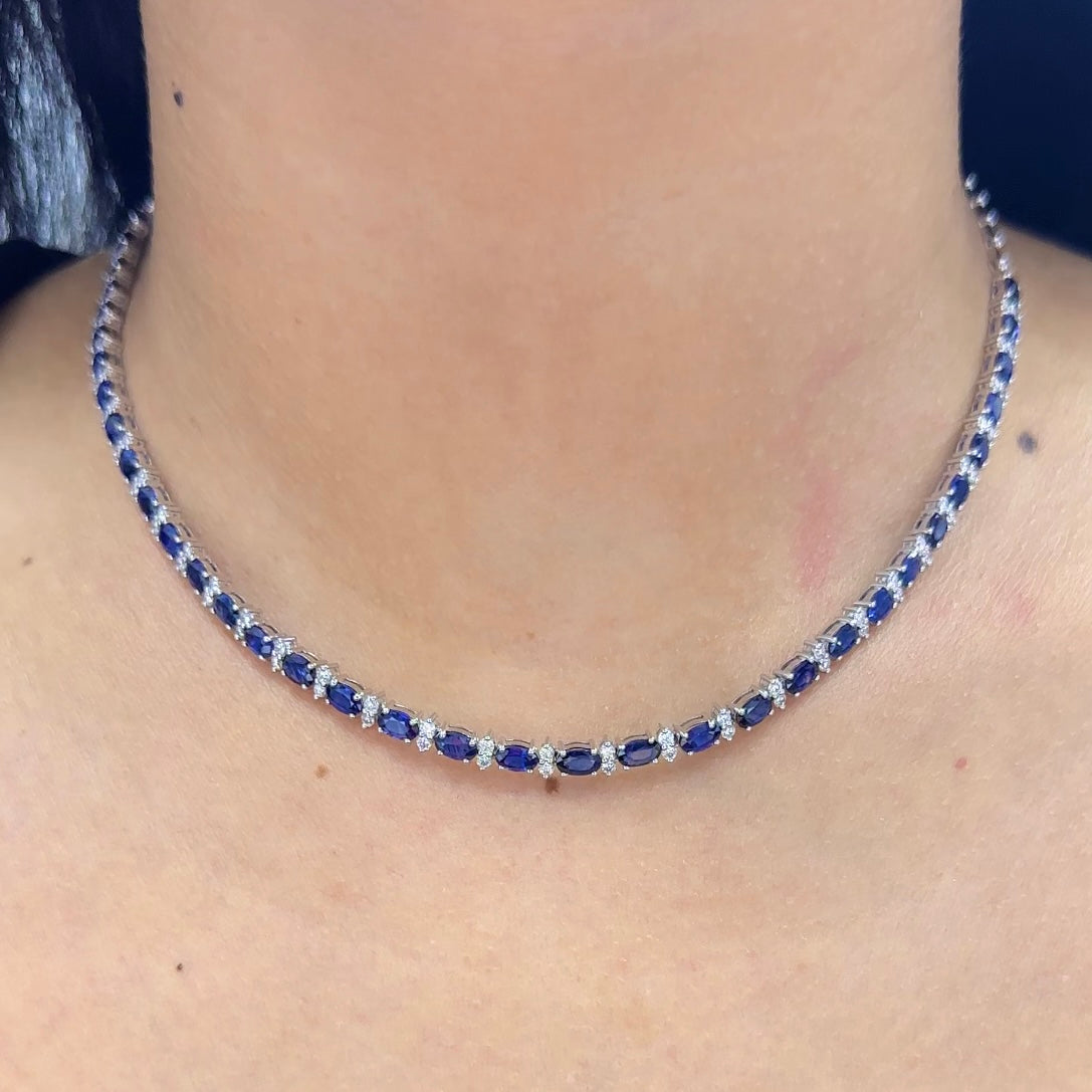 18K White Gold Sapphire Diamond Necklace 1.61ct round cut Natural diamonds G-H . Vs2-SI and 11.91ct dual shape sapphires. SDN021 NNTJ