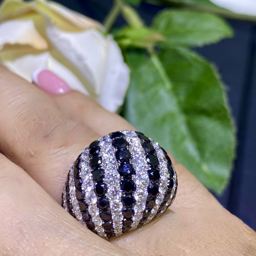 18K White Gold Black & White Diamond Dome Ring – 8.22CT Total Diamonds | DR045