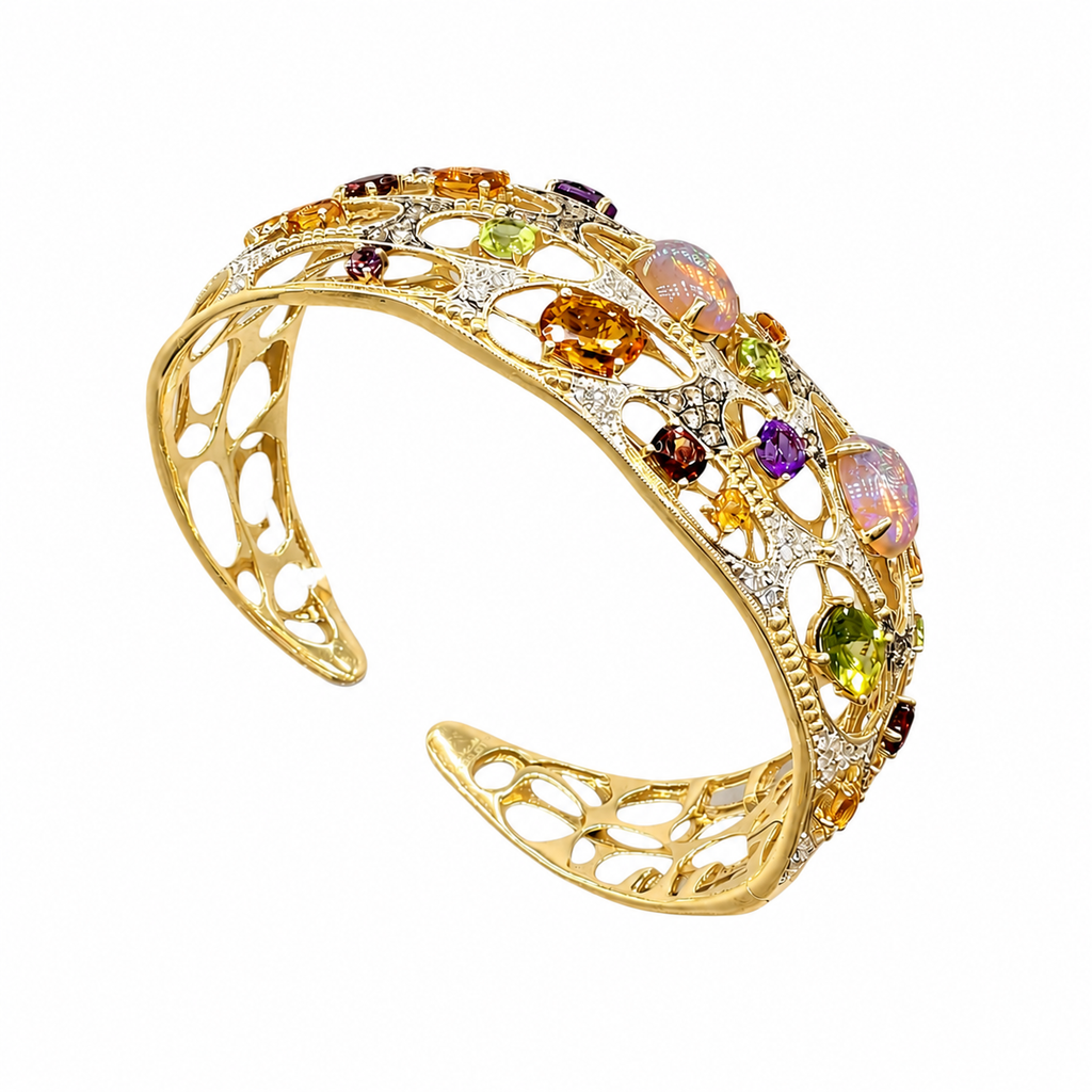 14K Yellow Gold Multi-Gemstone Open Cuff Bracelet  DC-BNG11682-12