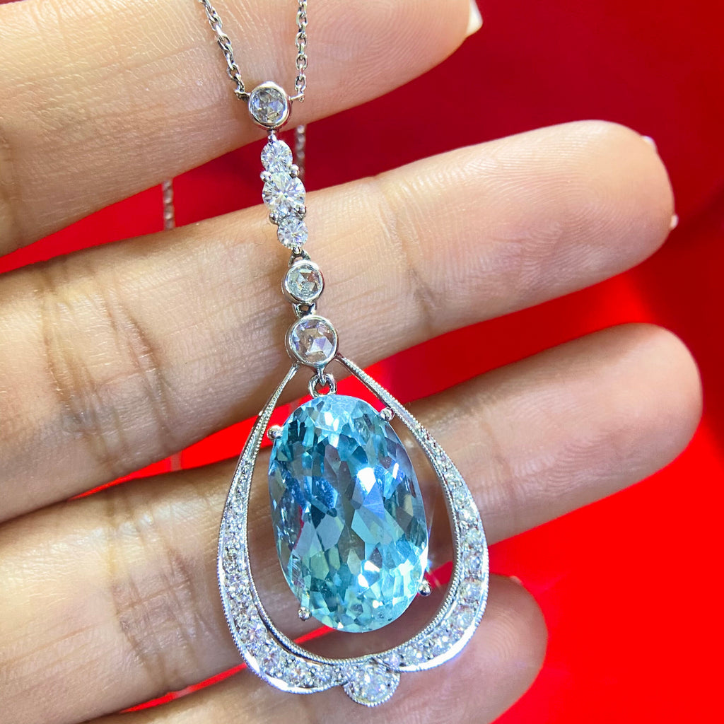14K White Gold Natural Aquamarine & Diamond Pendant – 12.00CT Aquamarine / 1.50CT Diamonds | 009